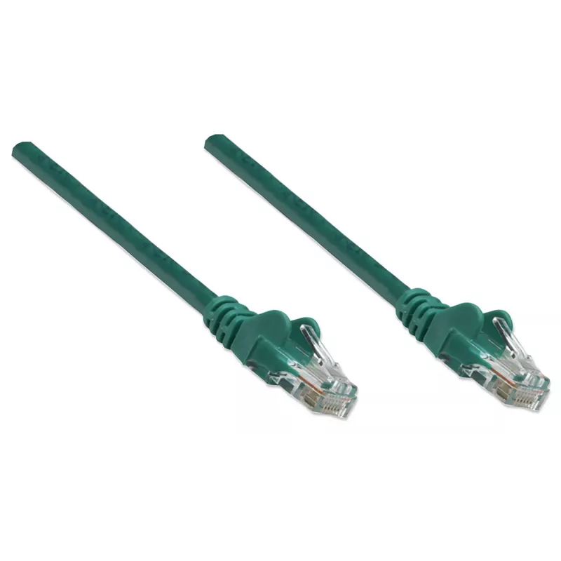 Intellinet tinklo kabelis, Cat5e, 10 m, žalias, CCA, U/UTP, PVC, RJ45, auksuoti kontaktai, besipainiojantis, apsauga, garantija visam laikui