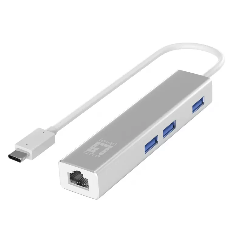 LevelOne Gigabit USB-C tinklo adapteris su USB šakotuvu, laidinis, USB Type-C, Ethernet, 1000 Mbit/s, sidabrinis