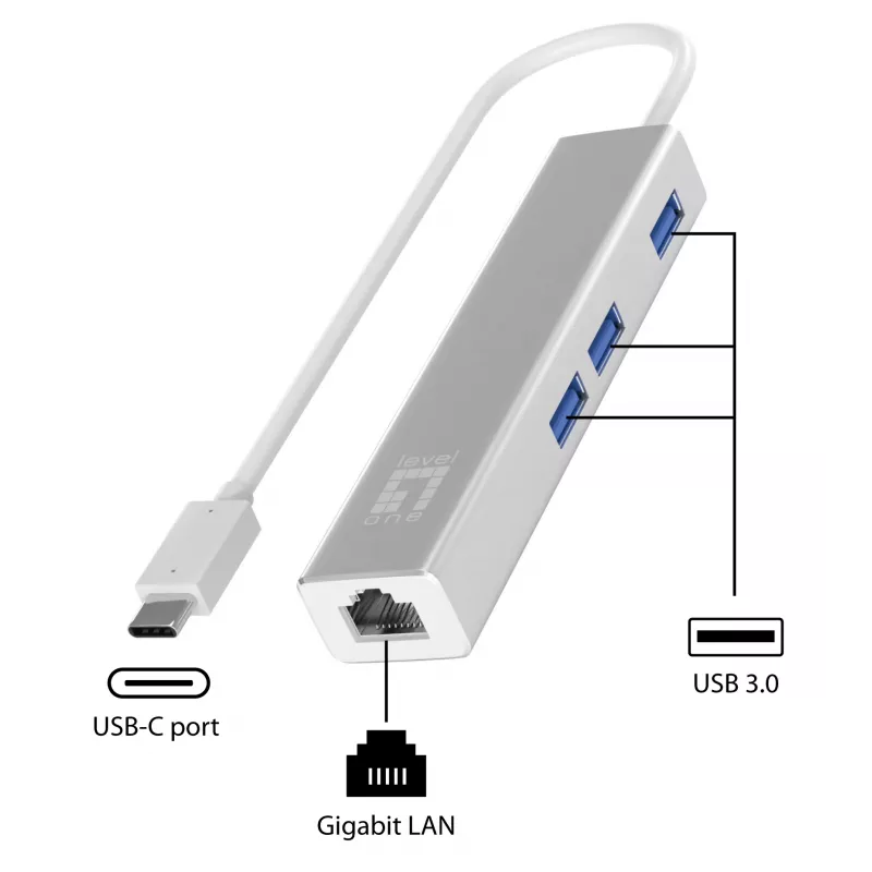 LevelOne Gigabit USB-C tinklo adapteris su USB šakotuvu, laidinis, USB Type-C, Ethernet, 1000 Mbit/s, sidabrinis