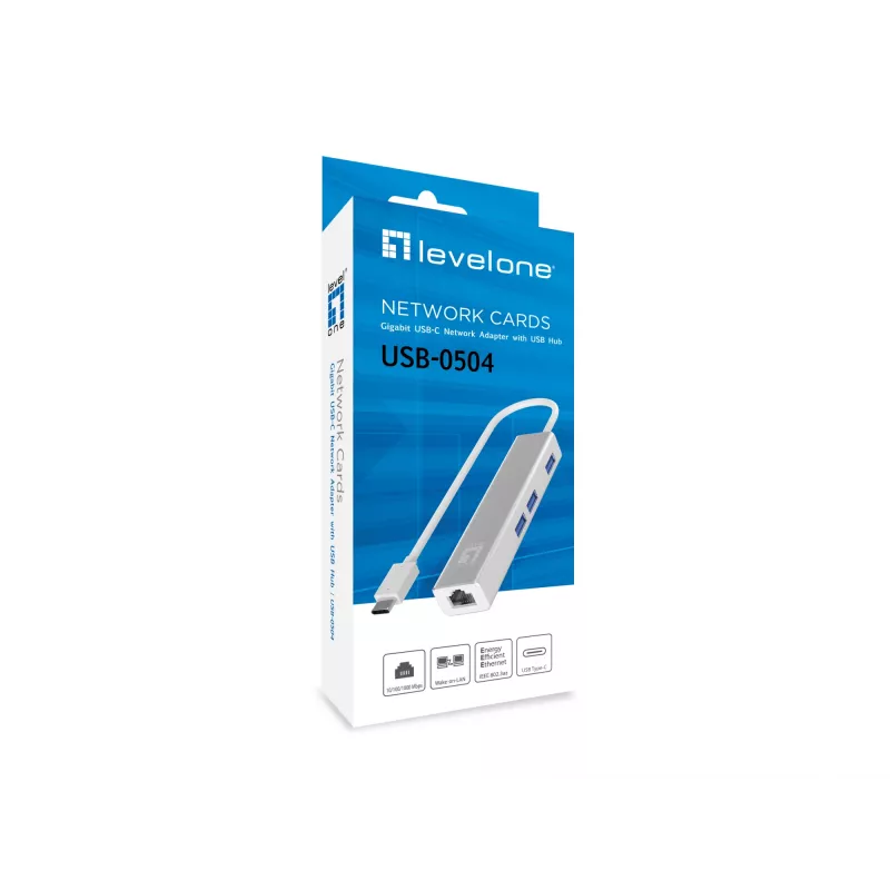 LevelOne Gigabit USB-C tinklo adapteris su USB šakotuvu, laidinis, USB Type-C, Ethernet, 1000 Mbit/s, sidabrinis