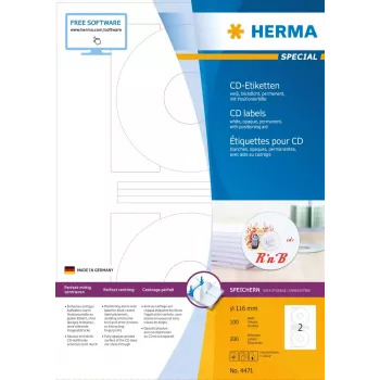 CD etiketės HERMA A4 Ø 116 mm baltas popierius matinis nepermatomas 200 vnt.