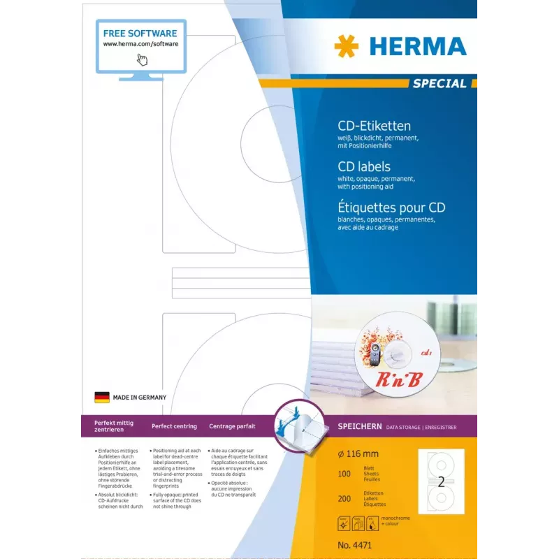 CD etiketės HERMA A4 Ø 116 mm baltas popierius matinis nepermatomas 200 vnt.