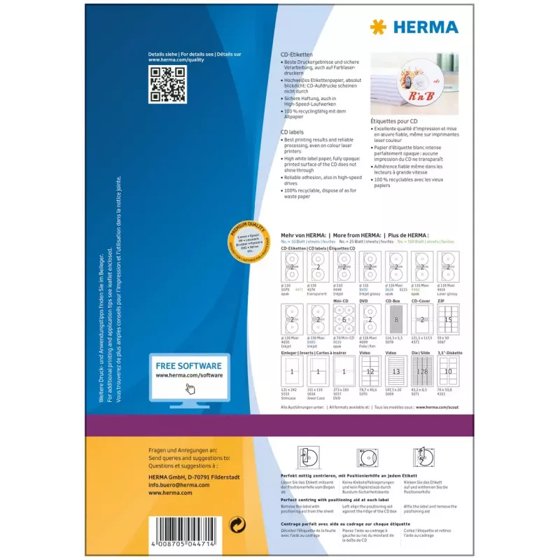 CD etiketės HERMA A4 Ø 116 mm baltas popierius matinis nepermatomas 200 vnt.