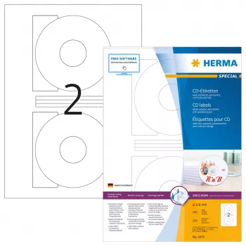 CD etiketės HERMA A4 Ø 116 mm baltas popierius matinis nepermatomas 200 vnt.