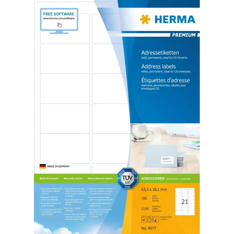 Adresų etiketės HERMA Premium A4 63,5x38,1 mm 2100 vnt.