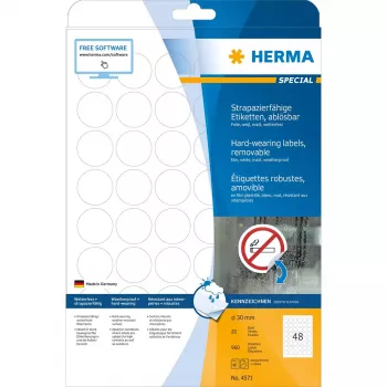 Lipnios etiketės HERMA 4571 Nuimamos Baltos 960 vnt.