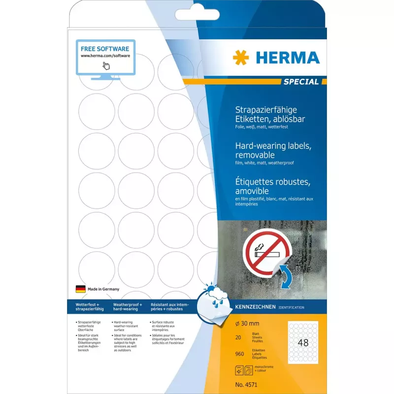 Lipnios etiketės HERMA 4571 Nuimamos Baltos 960 vnt.