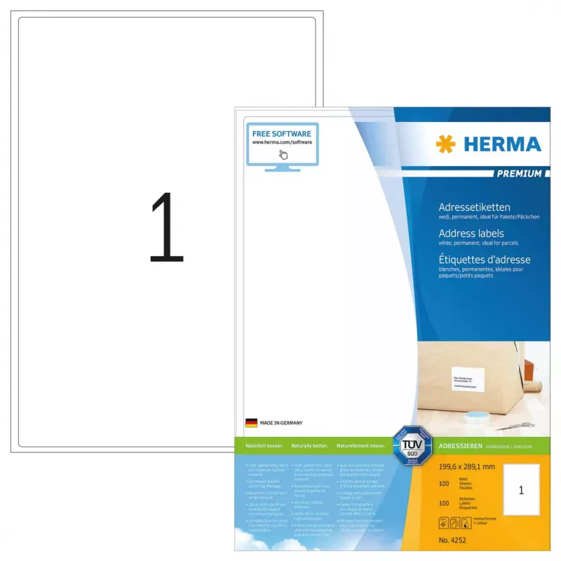 Adresų etiketės Premium HERMA A4 199,6x289,1 mm baltas popierius matinis 100 vnt.