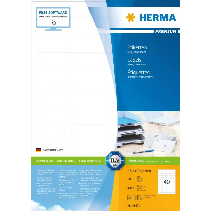 Lipnūs spausdintuvo etiketės HERMA Labels Premium A4 48,5x25,4 mm