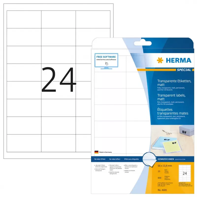Lipnūs spausdintuvo lipdukai HERMA Labels permatomi matiniai A4 66x33,8 mm plėvelė 600 vnt.