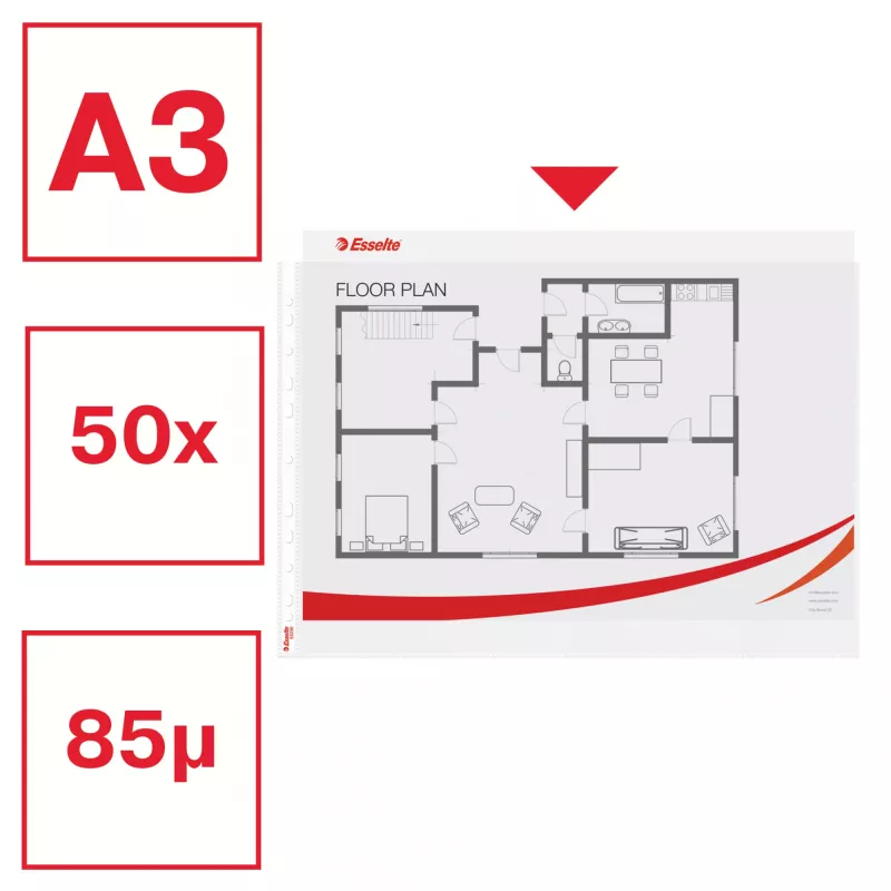 Esselte Quality Pocket A3 Landscape, 30% perdirbto plastiko prieš vartojimą