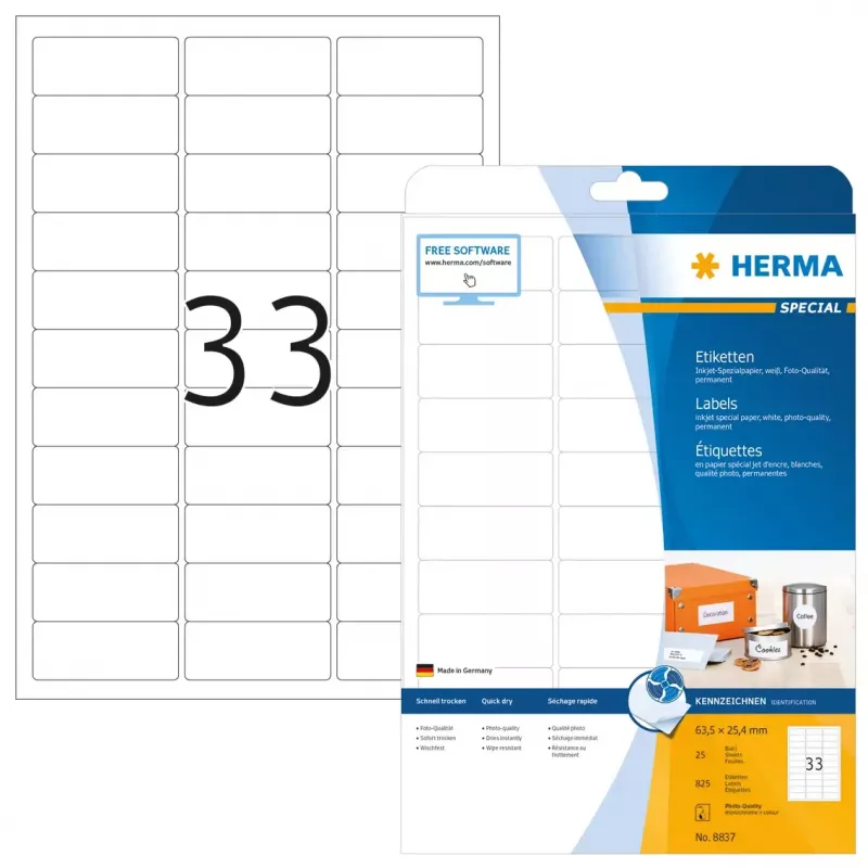 Rašalinės etiketės HERMA A4 63.5x25.4 mm 825 vnt.