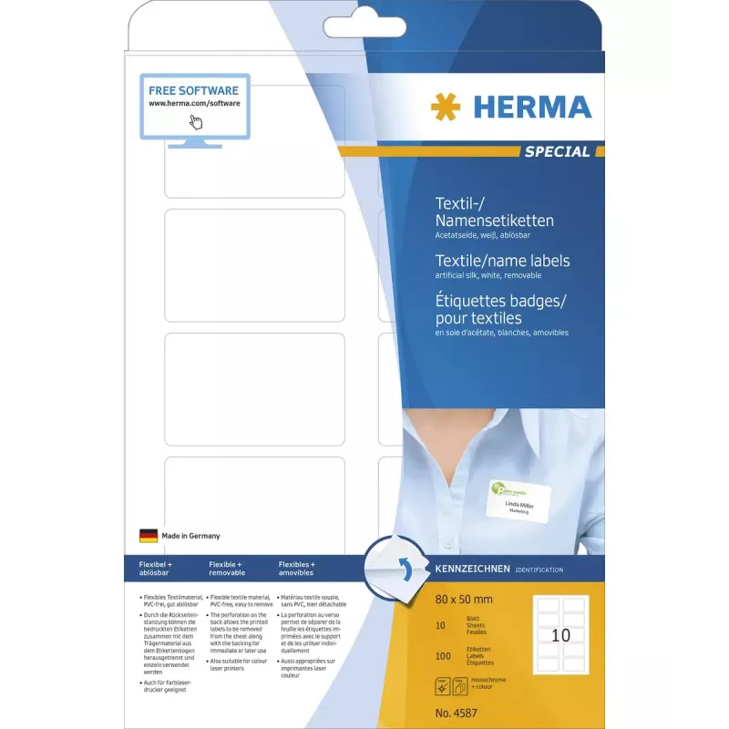 Lipnios etiketės HERMA 4587 Užapvalinto stačiakampio Nuimamos Baltos