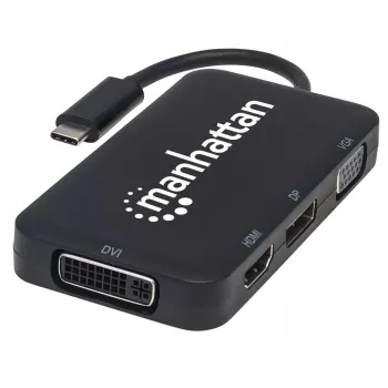 “Manhattan” USB-C dokas / šakotuvas, jungtys (x4): DisplayPort, DVI-I, HDMI arba VGA, pastaba: vienu metu galima naudoti tik vieną jungtį, išorinio maitinimo šaltinio nereikia, universalus visiems įrenginiams, kabelis 8 cm, juodas, trejų metų garantija