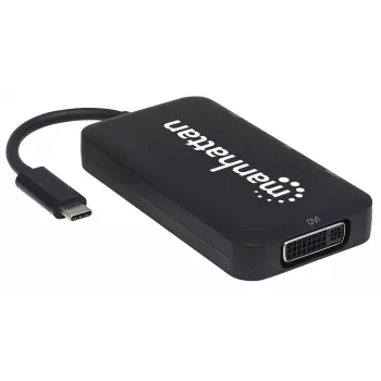 “Manhattan” USB-C dokas / šakotuvas, jungtys (x4): DisplayPort, DVI-I, HDMI arba VGA, pastaba: vienu metu galima naudoti tik vieną jungtį, išorinio maitinimo šaltinio nereikia, universalus visiems įrenginiams, kabelis 8 cm, juodas, trejų metų garantija