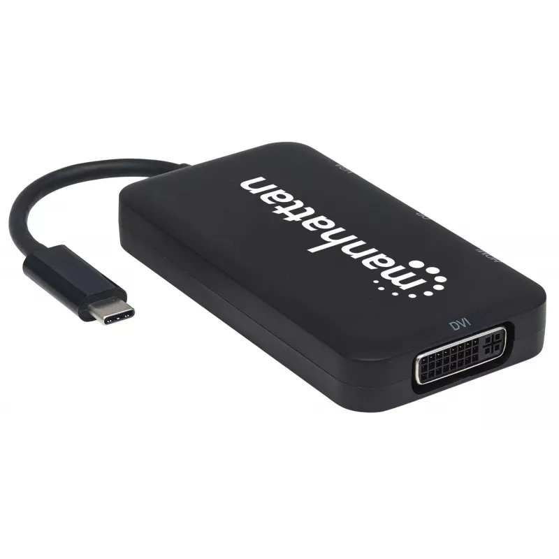 “Manhattan” USB-C dokas / šakotuvas, jungtys (x4): DisplayPort, DVI-I, HDMI arba VGA, pastaba: vienu metu galima naudoti tik vieną jungtį, išorinio maitinimo šaltinio nereikia, universalus visiems įrenginiams, kabelis 8 cm, juodas, trejų metų garantija