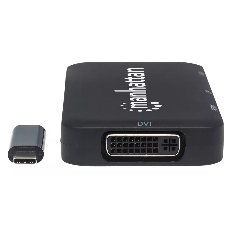 “Manhattan” USB-C dokas / šakotuvas, jungtys (x4): DisplayPort, DVI-I, HDMI arba VGA, pastaba: vienu metu galima naudoti tik vieną jungtį, išorinio maitinimo šaltinio nereikia, universalus visiems įrenginiams, kabelis 8 cm, juodas, trejų metų garantija