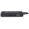 “Manhattan” USB-C dokas / šakotuvas, jungtys (x4): DisplayPort, DVI-I, HDMI arba VGA, pastaba: vienu metu galima naudoti tik vieną jungtį, išorinio maitinimo šaltinio nereikia, universalus visiems įrenginiams, kabelis 8 cm, juodas, trejų metų garantija