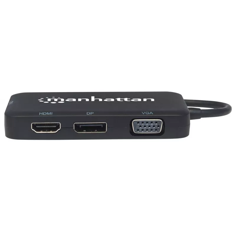 “Manhattan” USB-C dokas / šakotuvas, jungtys (x4): DisplayPort, DVI-I, HDMI arba VGA, pastaba: vienu metu galima naudoti tik vieną jungtį, išorinio maitinimo šaltinio nereikia, universalus visiems įrenginiams, kabelis 8 cm, juodas, trejų metų garantija