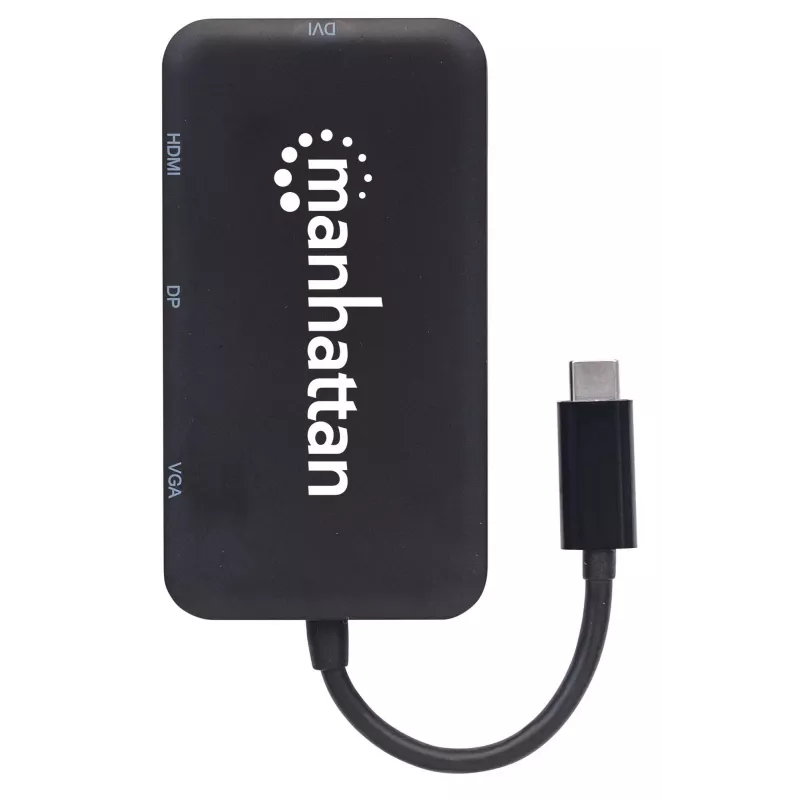 “Manhattan” USB-C dokas / šakotuvas, jungtys (x4): DisplayPort, DVI-I, HDMI arba VGA, pastaba: vienu metu galima naudoti tik vieną jungtį, išorinio maitinimo šaltinio nereikia, universalus visiems įrenginiams, kabelis 8 cm, juodas, trejų metų garantija