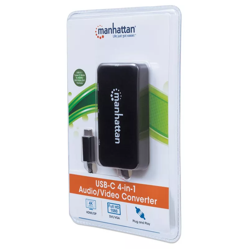 “Manhattan” USB-C dokas / šakotuvas, jungtys (x4): DisplayPort, DVI-I, HDMI arba VGA, pastaba: vienu metu galima naudoti tik vieną jungtį, išorinio maitinimo šaltinio nereikia, universalus visiems įrenginiams, kabelis 8 cm, juodas, trejų metų garantija