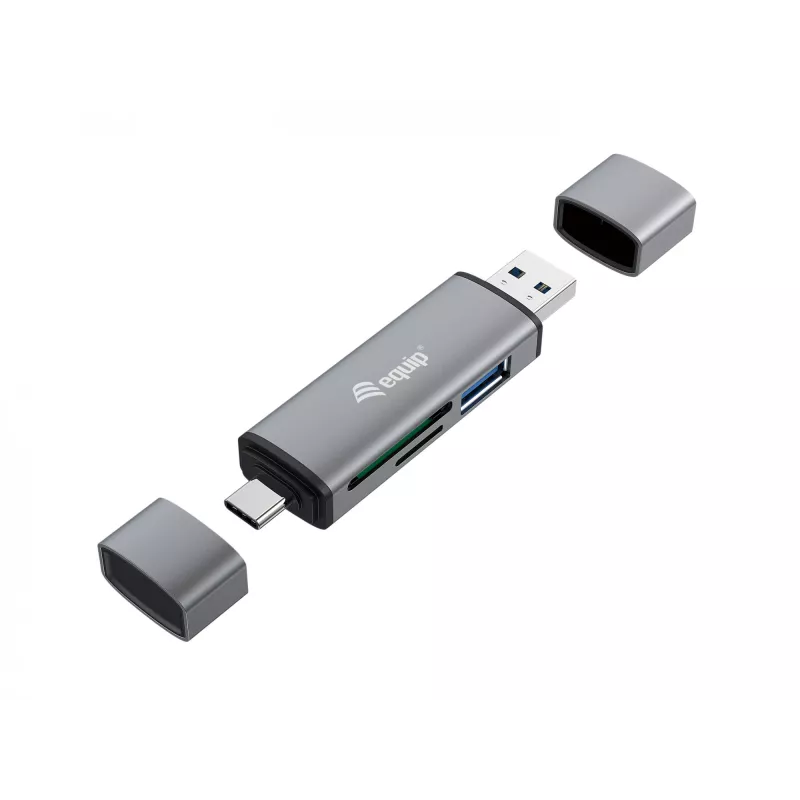 Equip Card Reader su USB 3.0 šakotuvu, OTG, MicroSD (TransFlash), MicroSDHC, SD, SDHC, Pilka, CE & RoHS, USB 3.2 Gen 1 (3.1 Gen 1) Type-A/Type-C, 202 mm, 12 mm