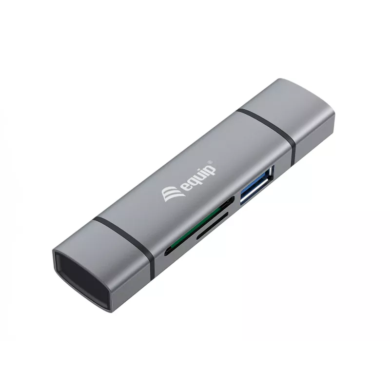 Equip Card Reader su USB 3.0 šakotuvu, OTG, MicroSD (TransFlash), MicroSDHC, SD, SDHC, Pilka, CE & RoHS, USB 3.2 Gen 1 (3.1 Gen 1) Type-A/Type-C, 202 mm, 12 mm