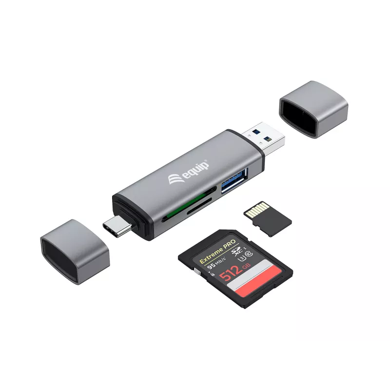 Equip Card Reader su USB 3.0 šakotuvu, OTG, MicroSD (TransFlash), MicroSDHC, SD, SDHC, Pilka, CE & RoHS, USB 3.2 Gen 1 (3.1 Gen 1) Type-A/Type-C, 202 mm, 12 mm