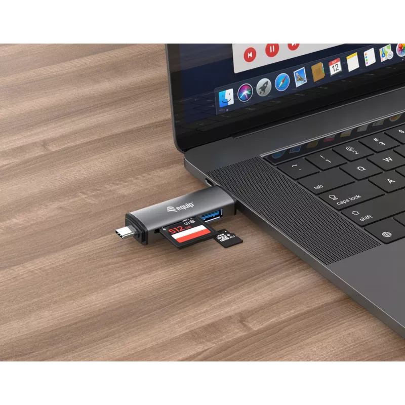 Equip Card Reader su USB 3.0 šakotuvu, OTG, MicroSD (TransFlash), MicroSDHC, SD, SDHC, Pilka, CE & RoHS, USB 3.2 Gen 1 (3.1 Gen 1) Type-A/Type-C, 202 mm, 12 mm