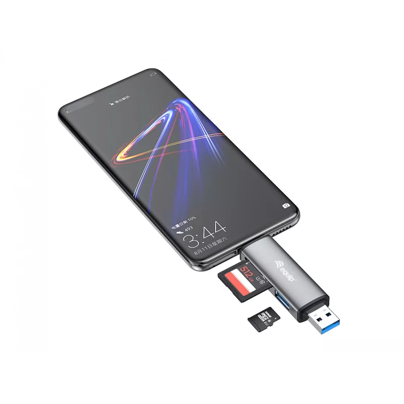 Equip Card Reader su USB 3.0 šakotuvu, OTG, MicroSD (TransFlash), MicroSDHC, SD, SDHC, Pilka, CE & RoHS, USB 3.2 Gen 1 (3.1 Gen 1) Type-A/Type-C, 202 mm, 12 mm