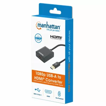 Manhattan USB-A į HDMI kabelis, 1080p@60Hz, konvertuoja USB 3.2 Gen1 (dar žinomas kaip USB 3.0) signalą į HDMI, 15cm, juodas, kištukas į lizdą, trejų metų garantija