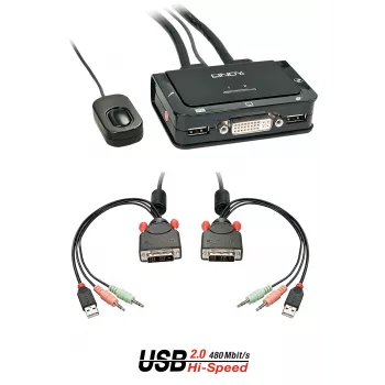 Lindy 2 prievadų DVI-D Single Link, USB 2.0 ir garso KVM kompaktiškas jungiklis