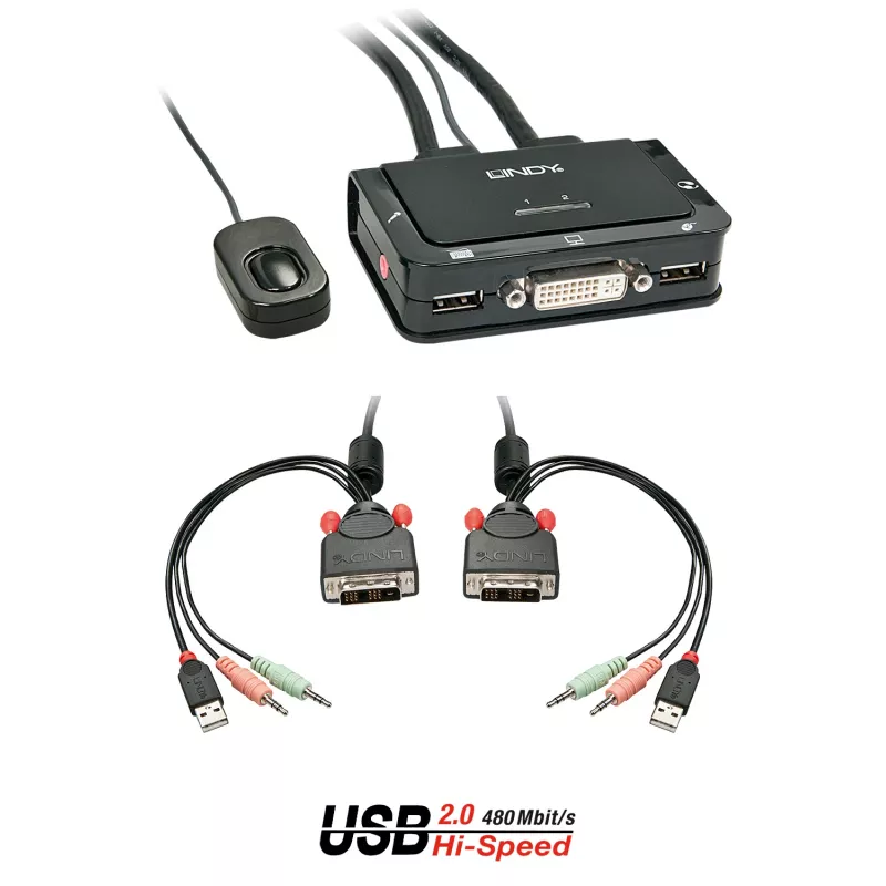 Lindy 2 prievadų DVI-D Single Link, USB 2.0 ir garso KVM kompaktiškas jungiklis