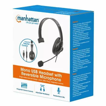 “Manhattan” monofoninės ant ausies dedamos ausinės (USB), reversinis mikrofonas (minkštas), mažmeninė pakuotė, garsumo/nutildymo valdymas ant laido, minkštas ausies pagalvėlė, USB-A garso ir mikrofono naudojimui, laidas 2 m, trejų metų garantija