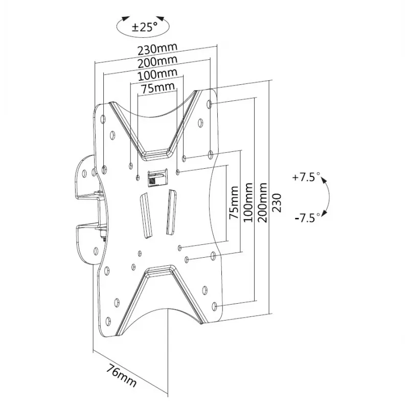 Equip 23 colių–42 colių pasukamas televizoriaus sieninis laikiklis, 75 x 75 mm, 200 x 200 mm, -7,5–7,5°, -25–25°, plienas, juodas