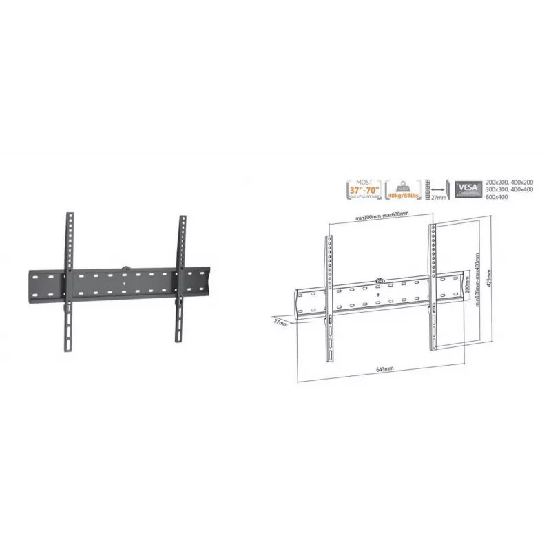 Equip 37 col.–70 col. fiksuotas TV plonas sieninis laikiklis