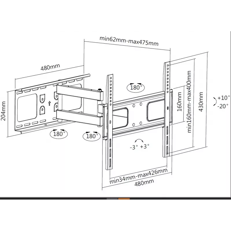 Equip 32-55 colių išskleidžiamas TV sieninis laikiklis, 200 x 200 mm, 400 x 400 mm, -20 – 10°, -90 – 90°, plieninis, juodas