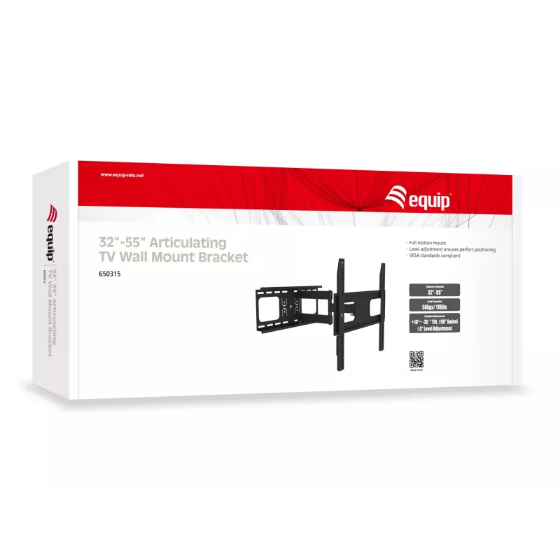 Equip 32-55 colių išskleidžiamas TV sieninis laikiklis, 200 x 200 mm, 400 x 400 mm, -20 – 10°, -90 – 90°, plieninis, juodas
