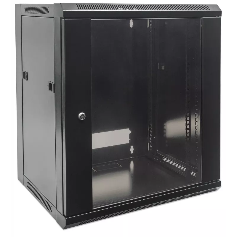 Intellinet 19 colių tinklo spinta - montavimas ant sienos (standartinė), 12U, 600 mm gylio, juoda, plokščia pakuotė, maks. 60 kg, tinka naudoti ant stalo ar grindų, naudojamas gylis 410 mm, metalinės ir stiklinės durys, galinė panelė, nuimami šonai, dalys montavimui ant sienos (pvz., varžtai, kaiščiai) nepridedamos