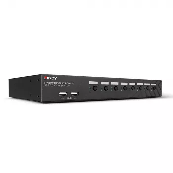 Lindy 8 prievadų DisplayPort 1.2, USB 2.0 ir garso KVM jungiklis, 3840 x 2160 pikselių, 4K Ultra HD, montavimas į stelažą, 1U, juodas