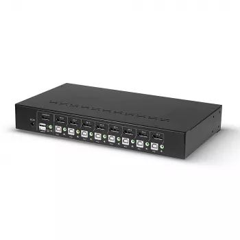 Lindy 8 prievadų DisplayPort 1.2, USB 2.0 ir garso KVM jungiklis, 3840 x 2160 pikselių, 4K Ultra HD, montavimas į stelažą, 1U, juodas
