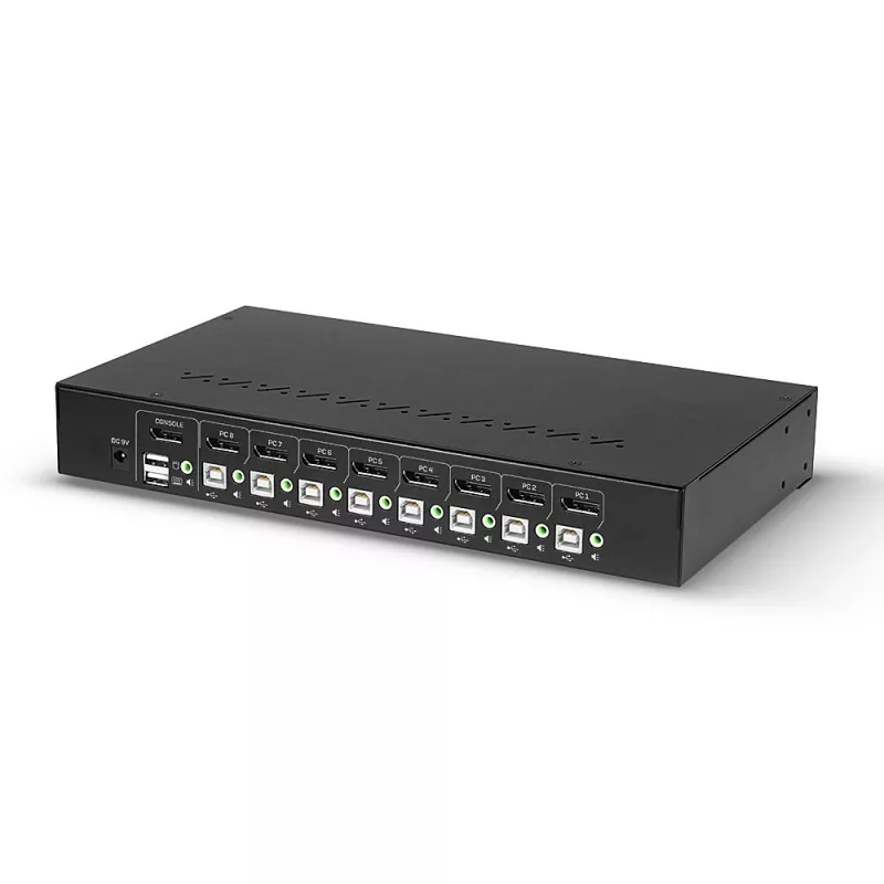 Lindy 8 prievadų DisplayPort 1.2, USB 2.0 ir garso KVM jungiklis, 3840 x 2160 pikselių, 4K Ultra HD, montavimas į stelažą, 1U, juodas