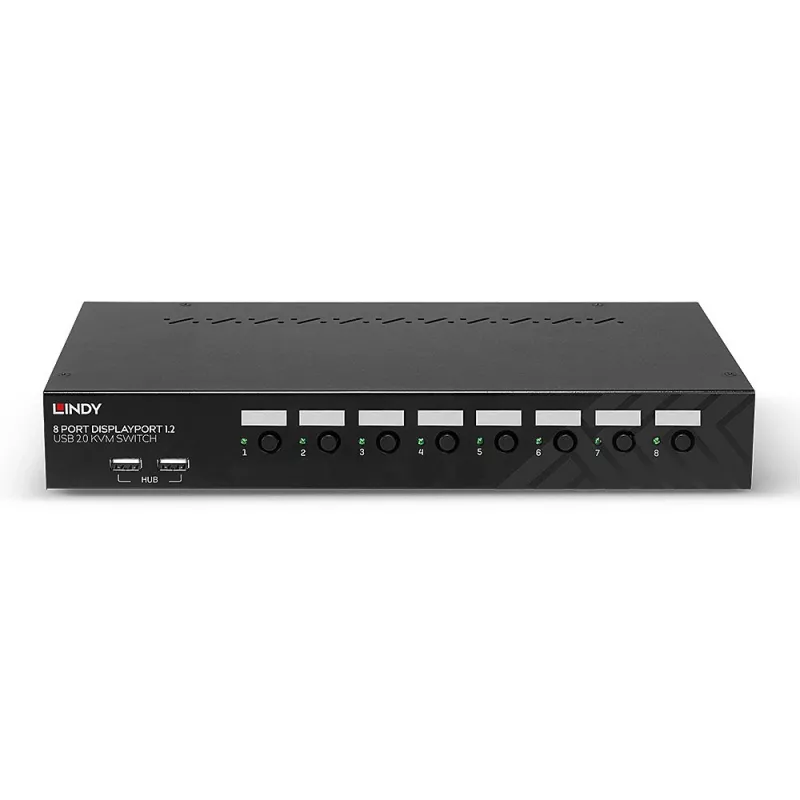 Lindy 8 prievadų DisplayPort 1.2, USB 2.0 ir garso KVM jungiklis, 3840 x 2160 pikselių, 4K Ultra HD, montavimas į stelažą, 1U, juodas
