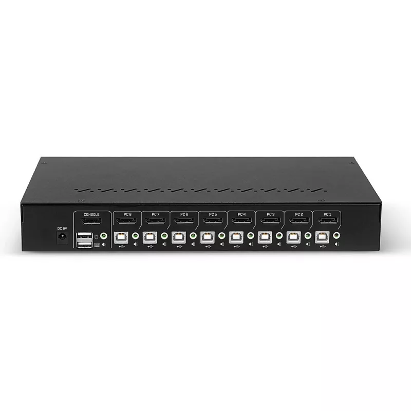 Lindy 8 prievadų DisplayPort 1.2, USB 2.0 ir garso KVM jungiklis, 3840 x 2160 pikselių, 4K Ultra HD, montavimas į stelažą, 1U, juodas
