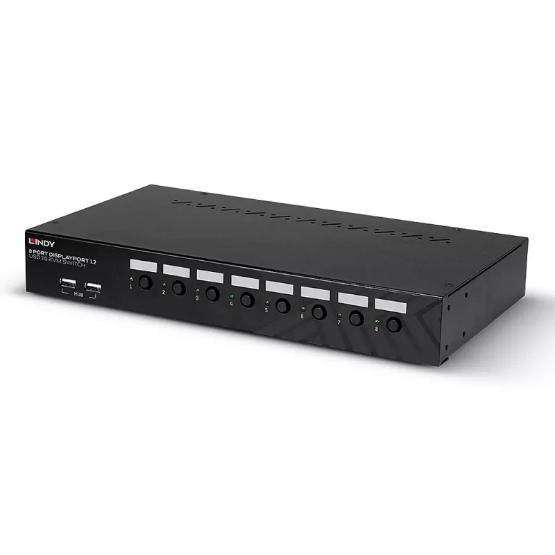 Lindy 8 prievadų DisplayPort 1.2, USB 2.0 ir garso KVM jungiklis, 3840 x 2160 pikselių, 4K Ultra HD, montavimas į stelažą, 1U, juodas