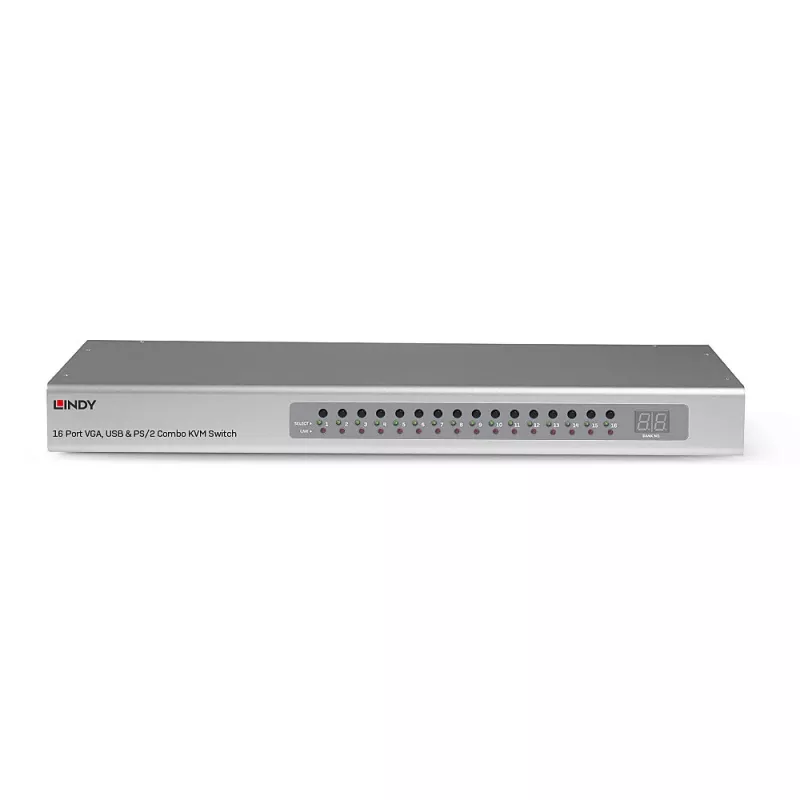 Lindy 16 prievadų VGA ir USB kombinuotas KVM komutatorius, montavimas į stovą, sidabrinis