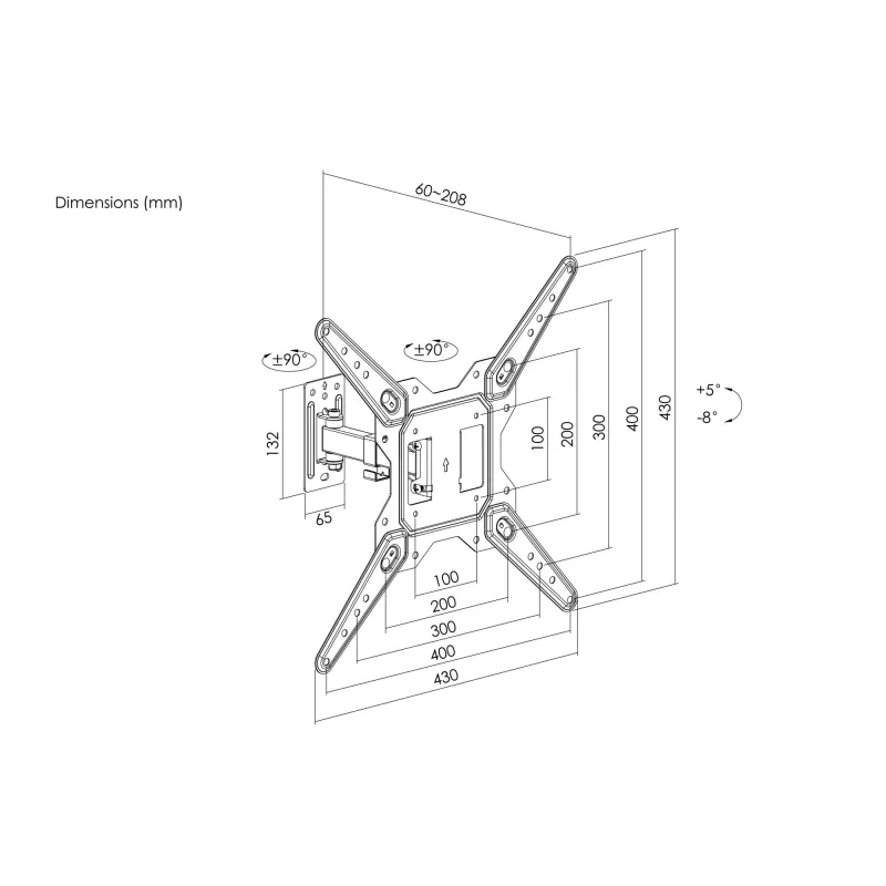 Equip 23-55 colių pilno judesio televizoriaus sieninis laikiklis, 100 x 100 mm, 400 x 400 mm, -8 - 5°, -90 - 90°, Nerūdijantis plienas, Juoda
