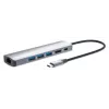 Manhattan USB-C dokas / stotelė, prievadai (x6): Ethernet, HDMI, USB-A (x3) ir USB-C, su Power Delivery (PD) 100 W – reikalingas išorinis USB-C įkroviklis (nepridedamas). Maitinamas per USB (nereikia išorinio maitinimo šaltinio), kai PD nenaudojamas