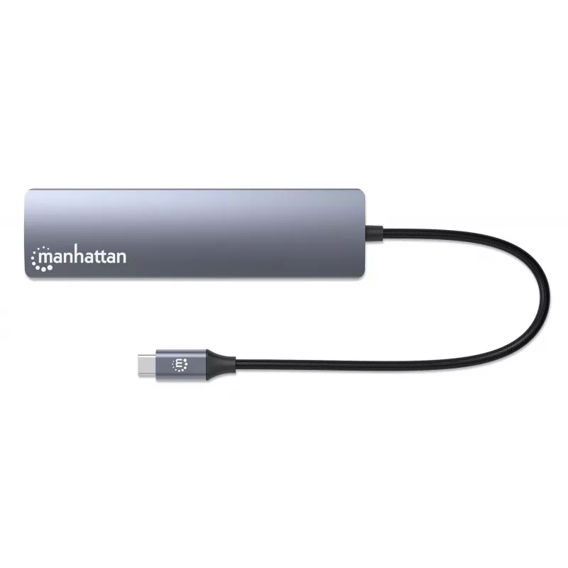 Manhattan USB-C dokas / stotelė, prievadai (x6): Ethernet, HDMI, USB-A (x3) ir USB-C, su Power Delivery (PD) 100 W – reikalingas išorinis USB-C įkroviklis (nepridedamas). Maitinamas per USB (nereikia išorinio maitinimo šaltinio), kai PD nenaudojamas