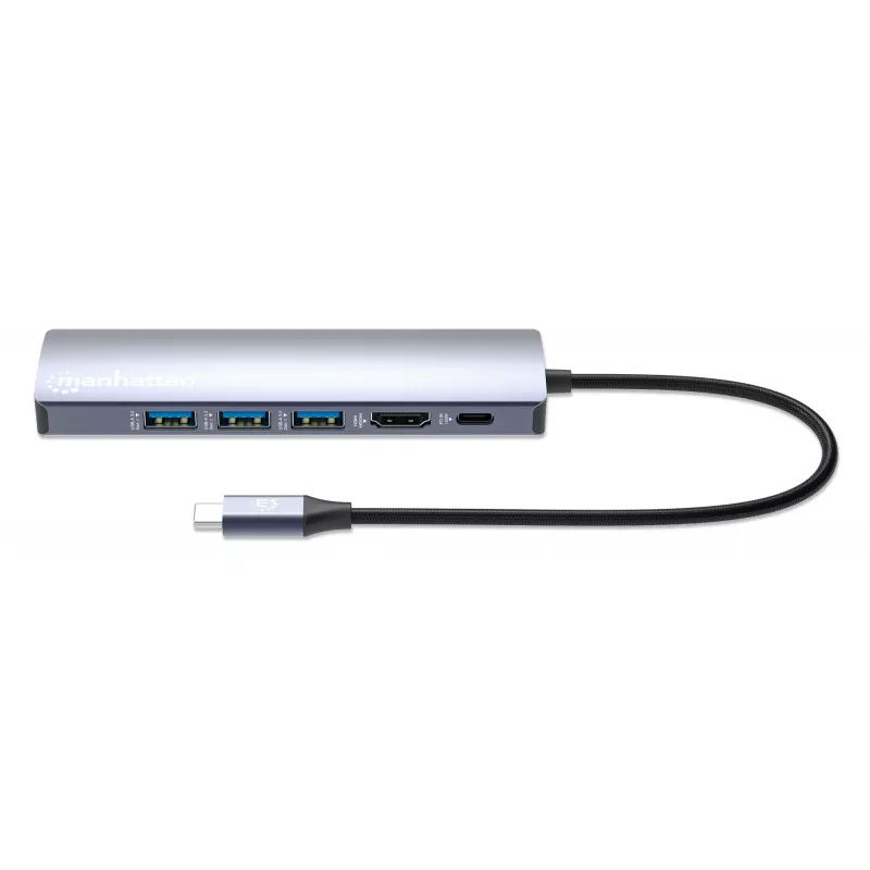 Manhattan USB-C dokas / stotelė, prievadai (x6): Ethernet, HDMI, USB-A (x3) ir USB-C, su Power Delivery (PD) 100 W – reikalingas išorinis USB-C įkroviklis (nepridedamas). Maitinamas per USB (nereikia išorinio maitinimo šaltinio), kai PD nenaudojamas
